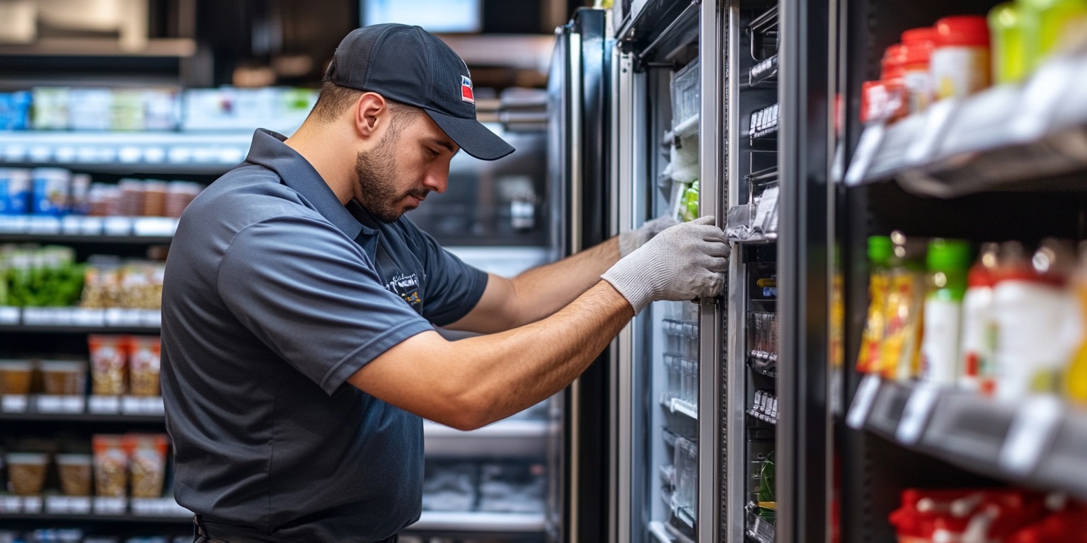 A technician performing preventative maintenance on a commercial refrigeration unit in a grocery store, cleaning condenser coils and adjusting controls.