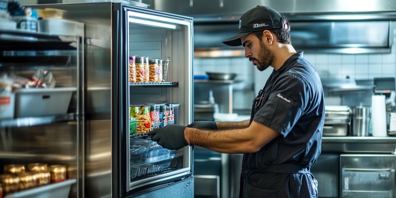 A technician repairing a commercial reach-in cooler in a restaurant kitchen, with the cooler doors open and various food products inside.