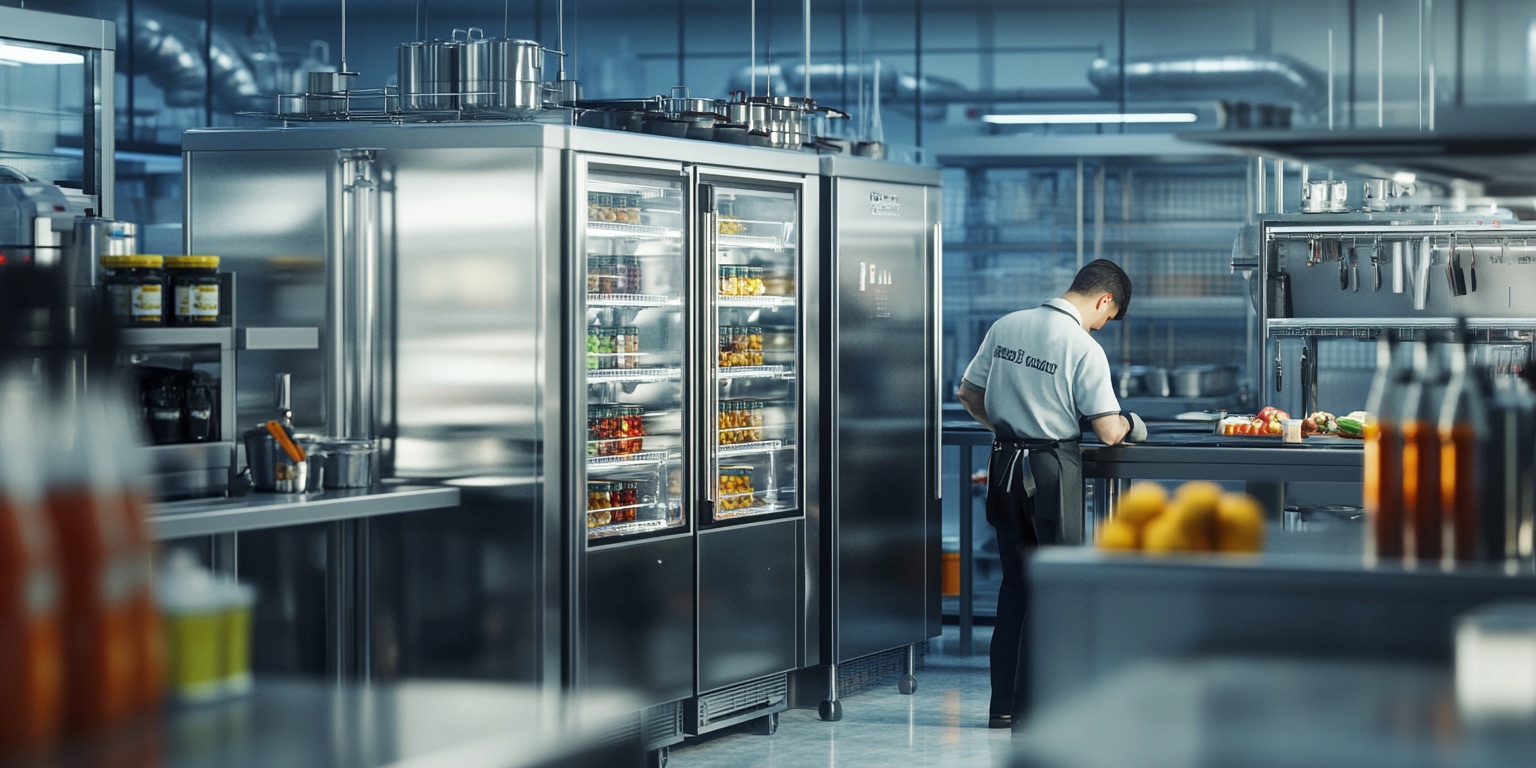 A technician repairing a commercial refrigeration unit in an industrial kitchen, surrounded by modern equipment.