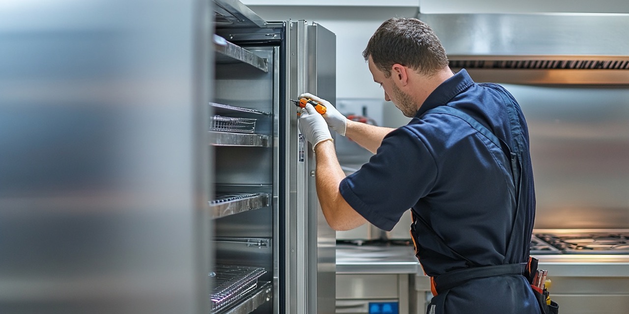 Technician working on a walk-in cooler in a commercial kitchen, repairing refrigeration components.