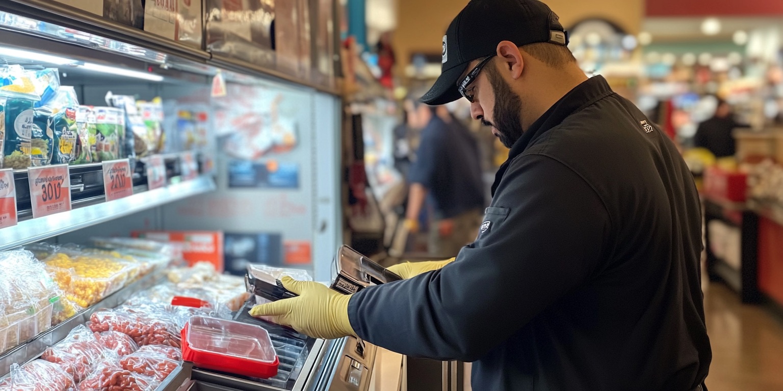 Technician repairing a commercial fridge inside a grocery store, with tools around and fridge door open showing chilled products.