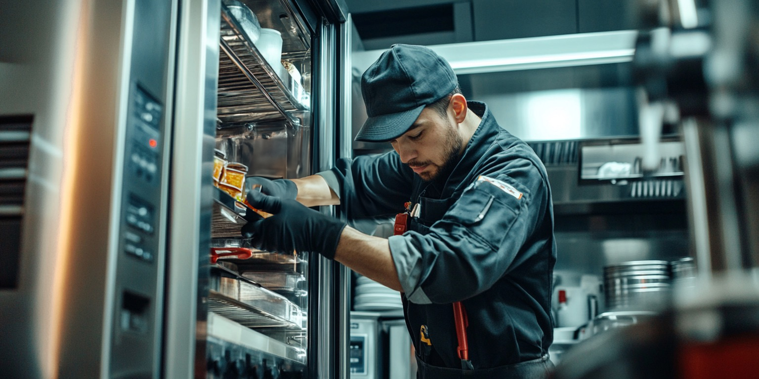 A technician repairing a reach-in cooler in a restaurant kitchen, with the cooler door open and chilled items inside.