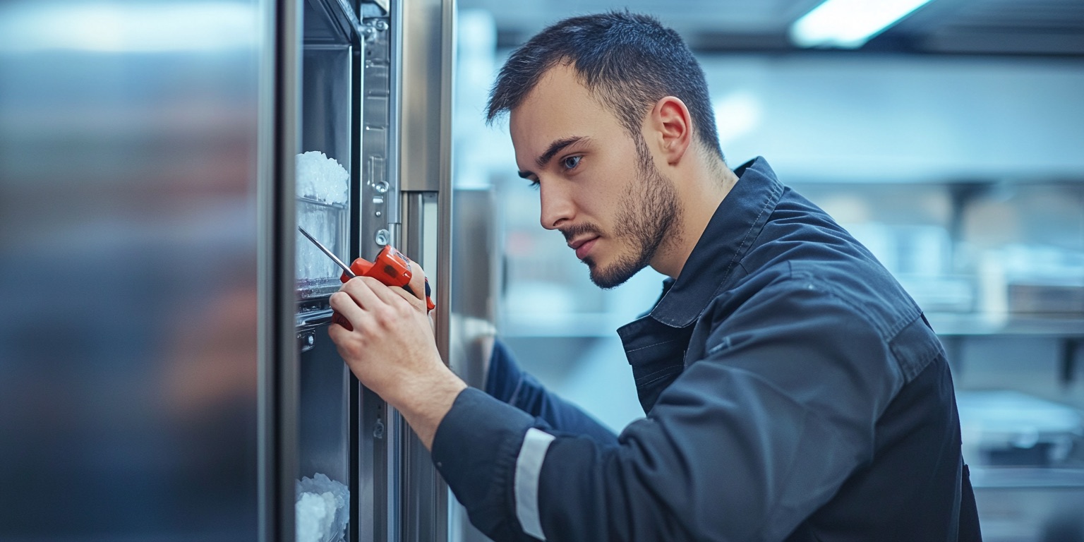 A technician repairing a walk-in cooler in a commercial kitchen in South Shore, with the cooler door open and frozen products inside.