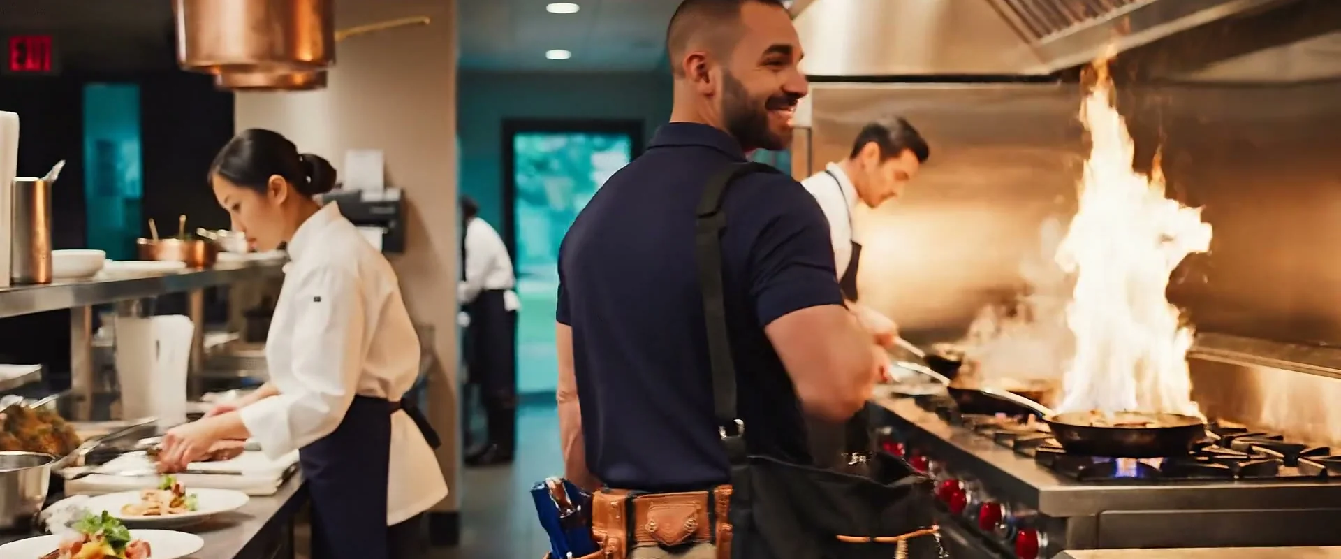 Armus technician servicing commercial refrigerators in a restaurant kitchen