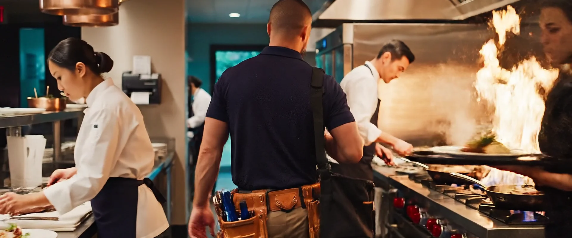 Armus technician inspecting a commercial ice machine in a coffee shop