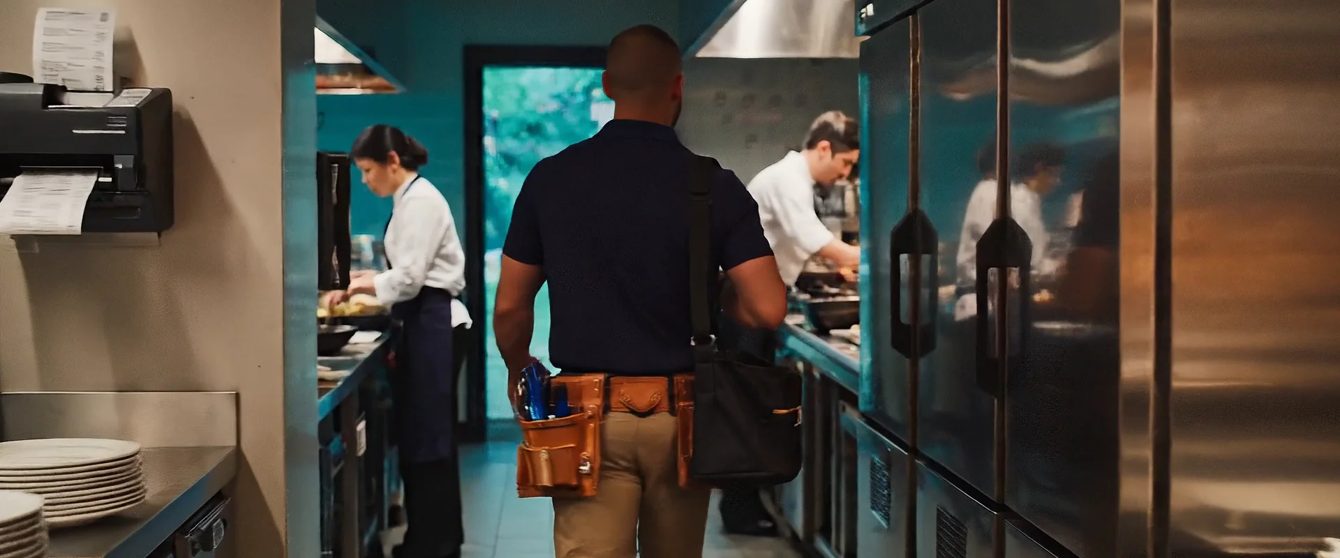 Armus technician walking through a commercial kitchen to repair a walk-in cooler