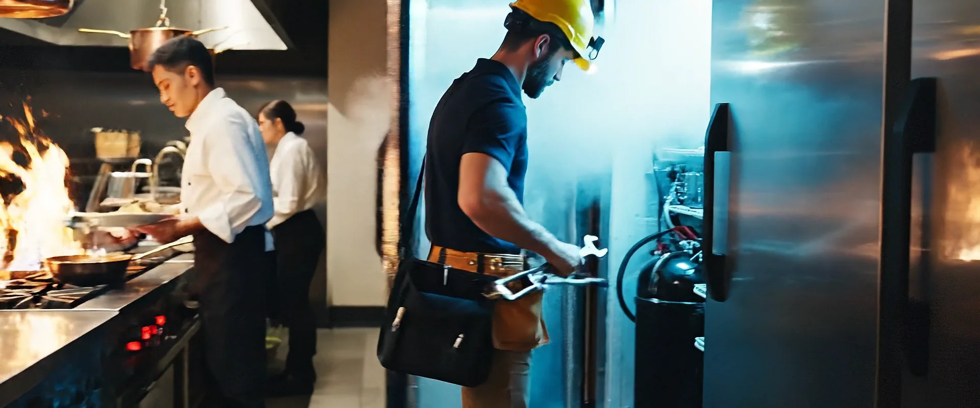 Armus technician inspecting a commercial walk-in freezer in a restaurant kitchen