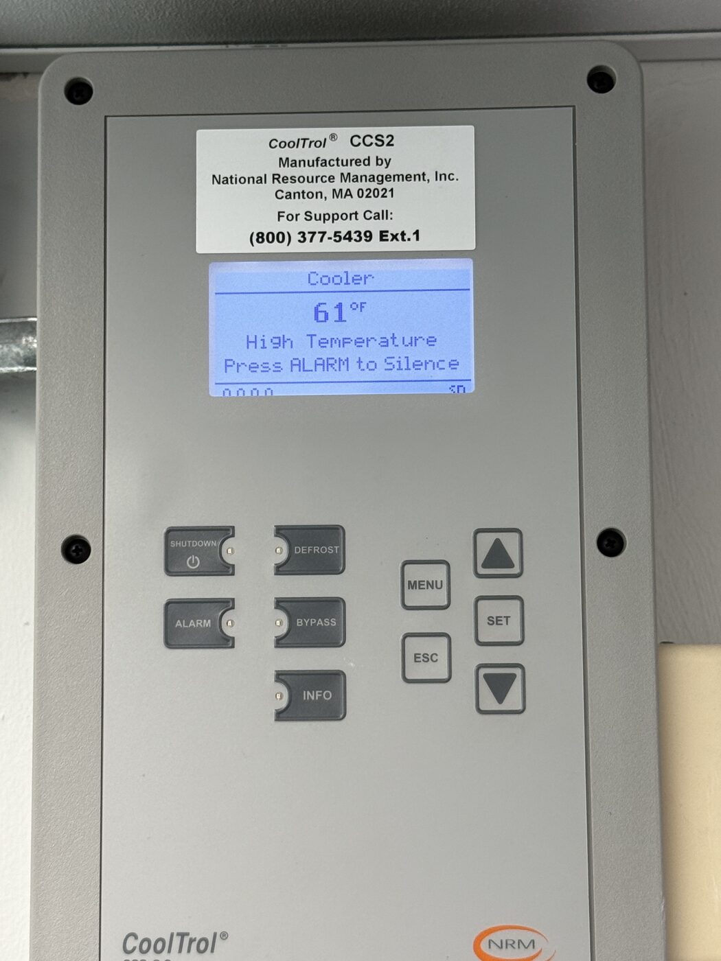CoolTrol CCS2 walk-in cooler controller showing 61 degrees high temperature alarm