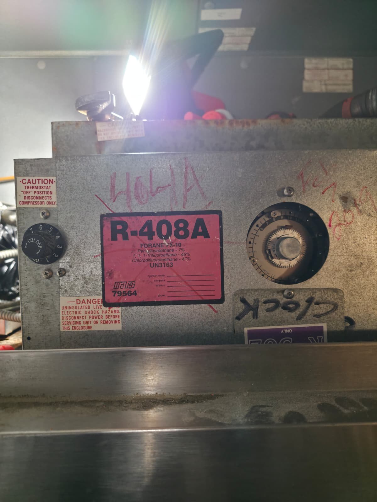 Close-up of compressor control panel with R-408A label — commercial refrigeration repair, Armus Refrigeration (MA & RI)