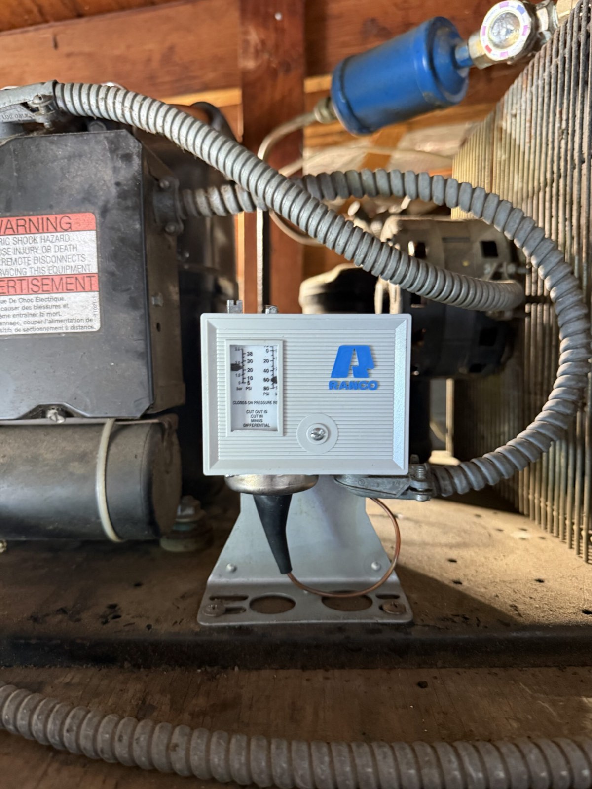 Ranco pressure switch mounted on compressor unit — commercial refrigeration repair, Armus Refrigeration (MA & RI)