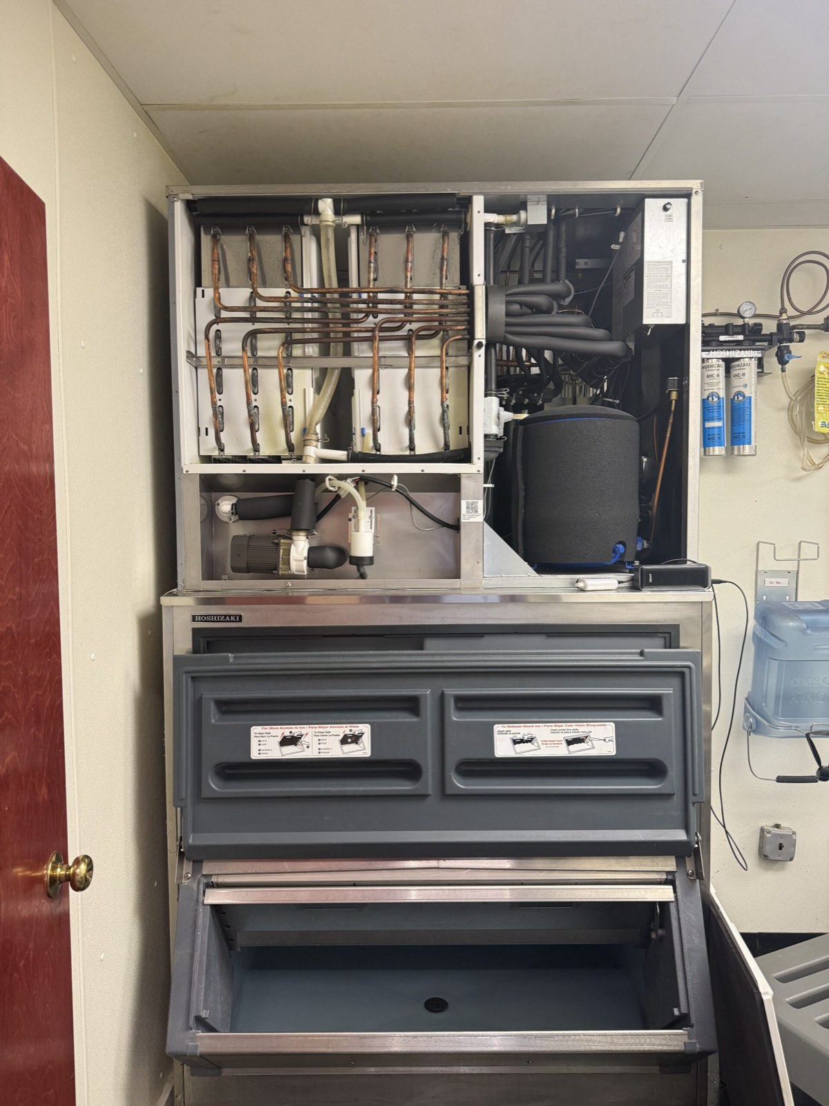 hoshizaki ice machine with open service panel — commercial ice machine repair, armus refrigeration (ma & ri)