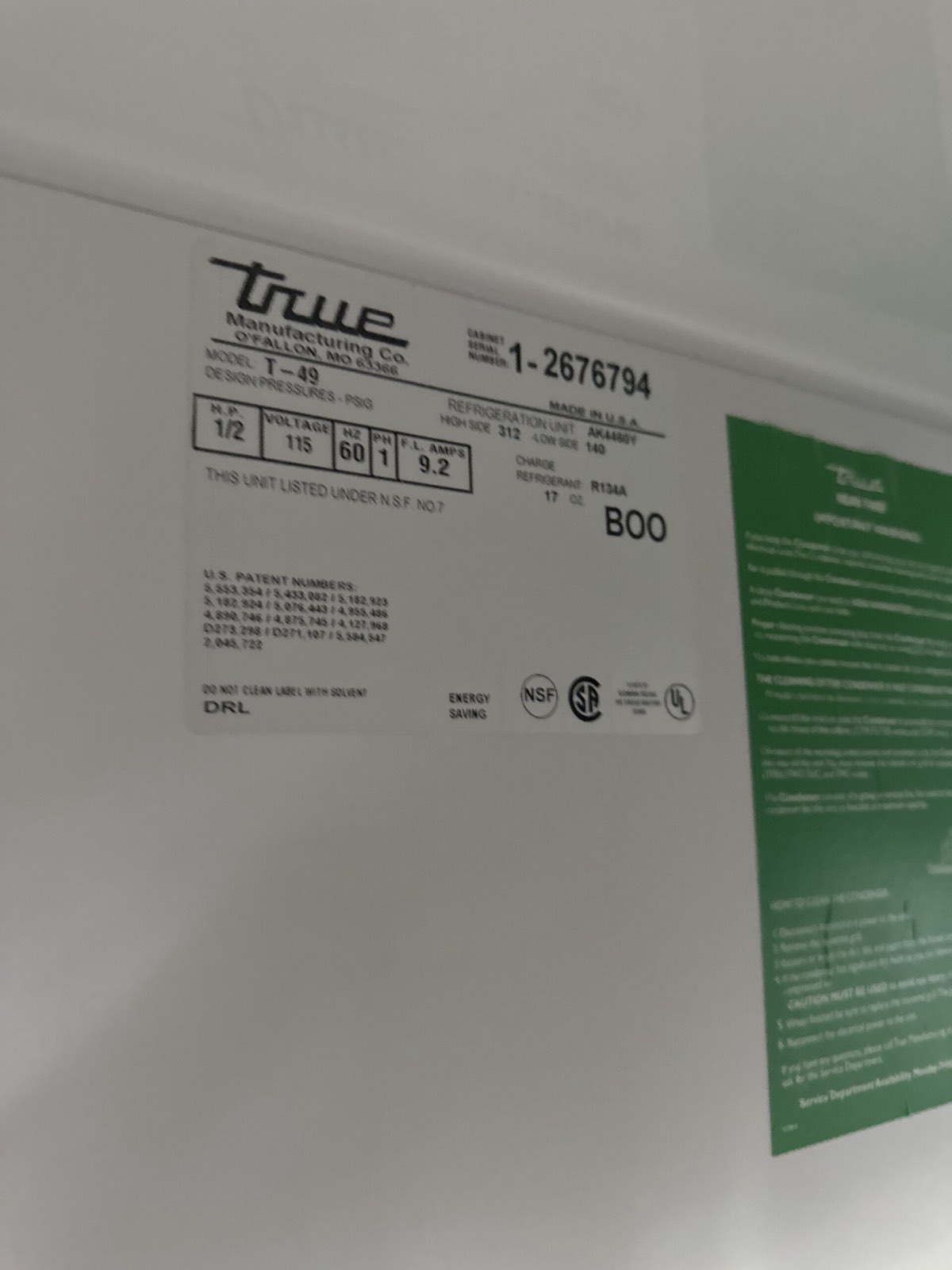 Close-up of True commercial refrigerator data plate — reach-in cooler repair, Armus Refrigeration (MA & RI)