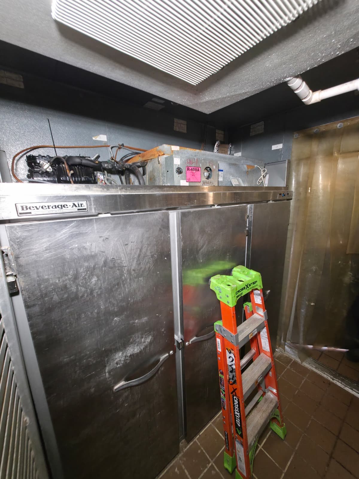 Beverage Air walk-in cooler with ladder inside — walk-in cooler repair, Armus Refrigeration (MA & RI)